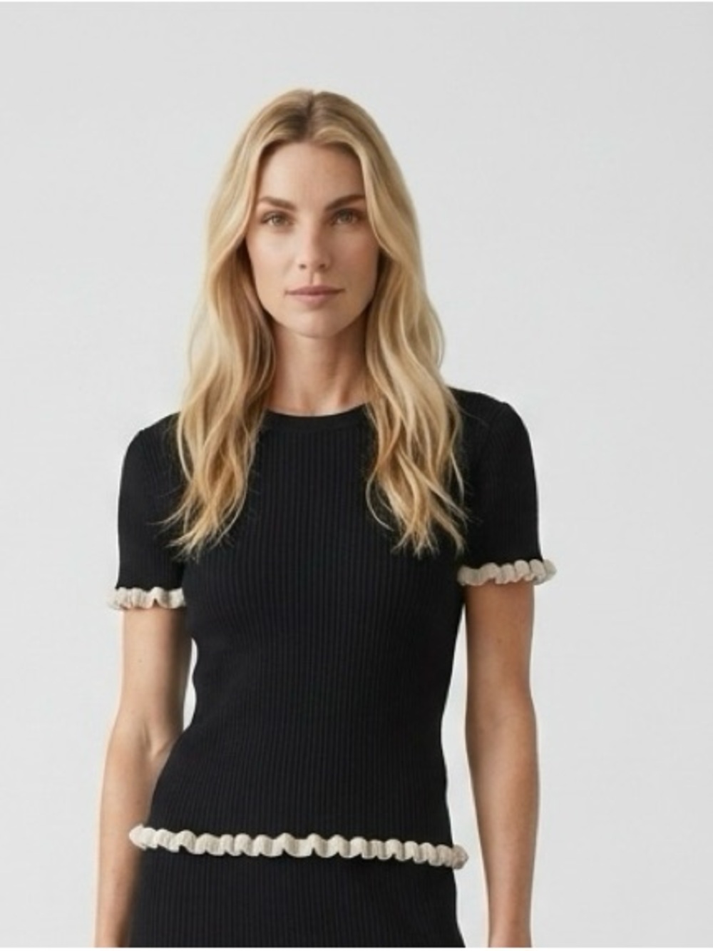 Black Ribbed Short Sleeve Top with Cream Ruffle Trim
